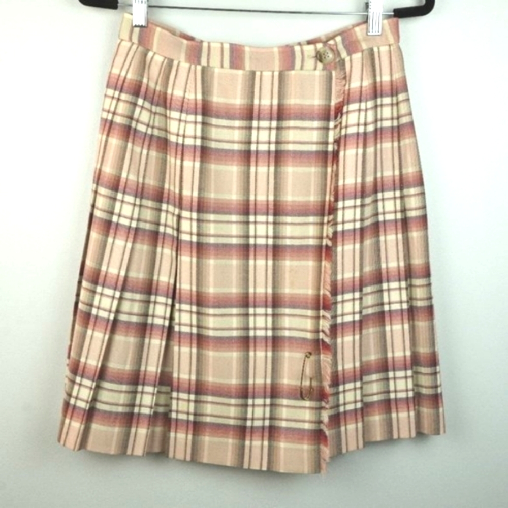 JH Collectibles Pink Cream Tan Plaid Scottish Pure Wool Skirt Size 12‎